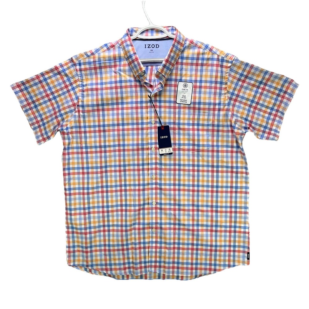Izod Shirt Mens 2XL Plaid Moisture Wicking Short Sleeve Button Up Stretch NWT